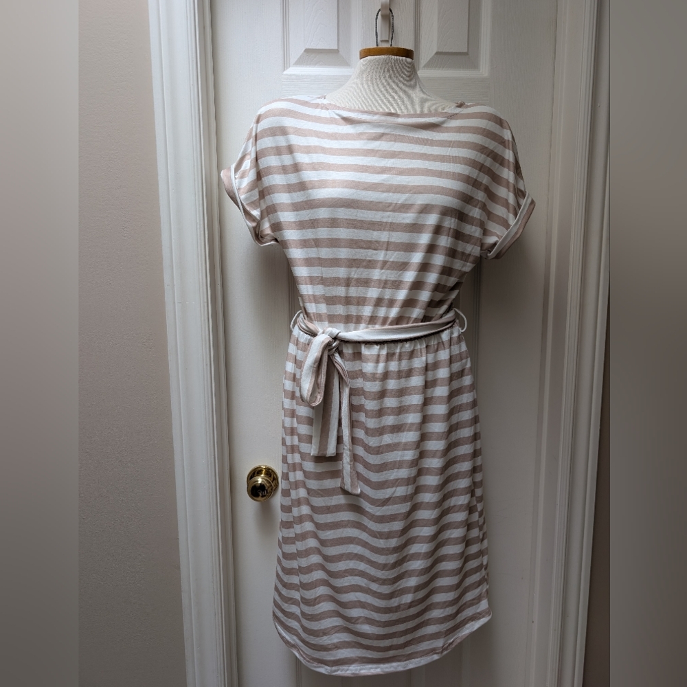 SHEIN Beige and White Striped Midi Dress